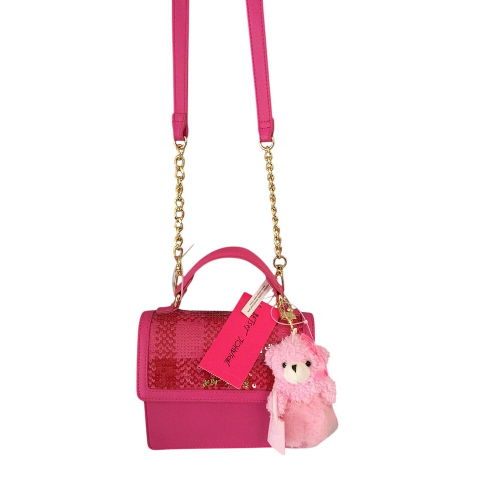 Betsey Johnson XOMYLO 2 Teddy Bear Charm Crossbody Bag Pink Sequin NWT - Picture 14 of 14